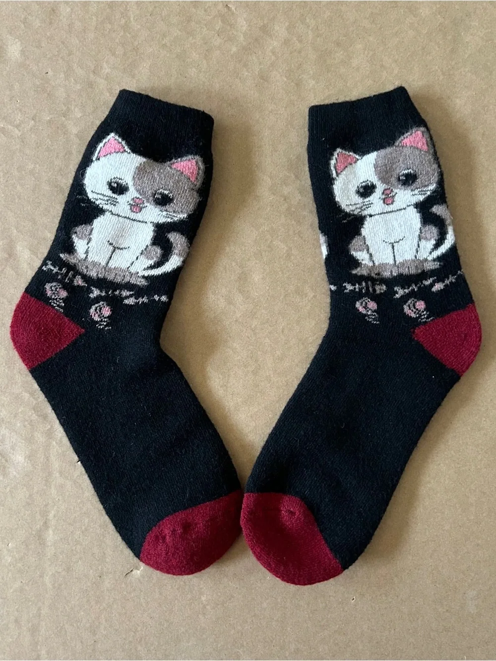 Cute Black Novelty Kawaii Women Socks White and Gray Cat Graphic Whimsy Mallgoth